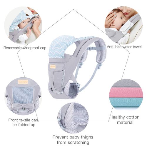  TIANCAIYIDING Baby Wrap Carrier with Hip Seat, Windproof Cap, Bite Towel as Well as 6 and 1 Convertible Backpack, Cotton Sling for Infants, Babies and Toddlers - Grey