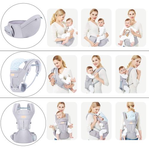  TIANCAIYIDING Baby Wrap Carrier with Hip Seat, Windproof Cap, Bite Towel as Well as 6 and 1 Convertible Backpack, Cotton Sling for Infants, Babies and Toddlers - Grey