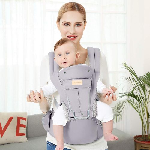  TIANCAIYIDING Baby Wrap Carrier with Hip Seat, Windproof Cap, Bite Towel as Well as 6 and 1 Convertible Backpack, Cotton Sling for Infants, Babies and Toddlers - Grey