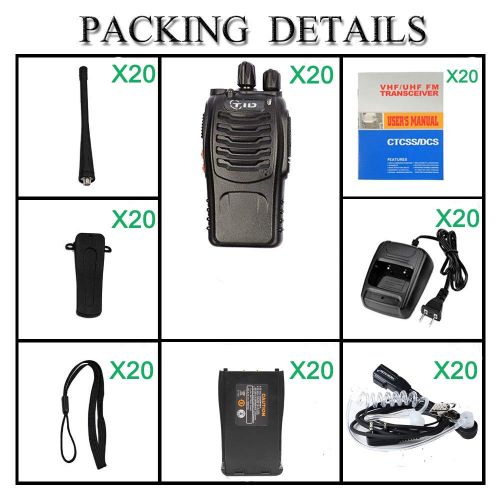  TID Walkie Talkies Rechargeable (20 Pack) 2 Way Radio + 20 Covert Air Acoustic Tube Earpiece UHF 400-470Mhz Two Way Radios for Adults