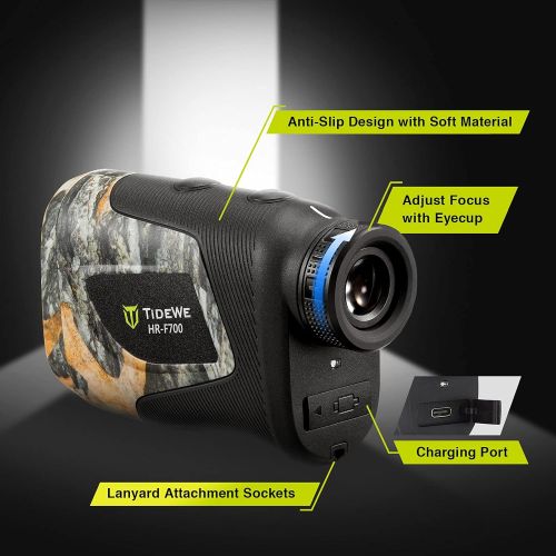  TIDEWE Hunting Rangefinder with Rechargeable Battery, 700/1000Y Camo Laser Range Finder 6X Magnification, Distance/Angle/Speed/Scan Multi Functional Waterproof Rangefinder with Cas