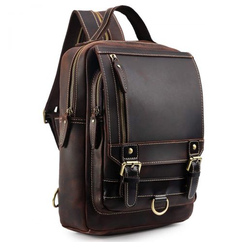  TIDING Tiding Mens Genuine Leather Backpack Vintage Small Daypack College Bag Fits 9.7 Inch Ipad Air - Dark Brown