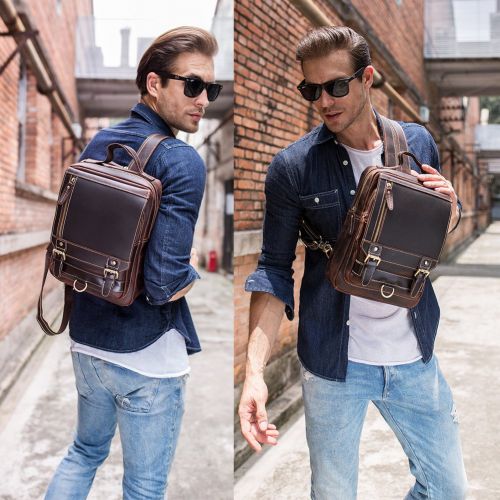  TIDING Tiding Mens Genuine Leather Backpack Vintage Small Daypack College Bag Fits 9.7 Inch Ipad Air - Dark Brown