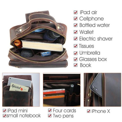  TIDING Tiding Mens Genuine Leather Backpack Vintage Small Daypack College Bag Fits 9.7 Inch Ipad Air - Dark Brown