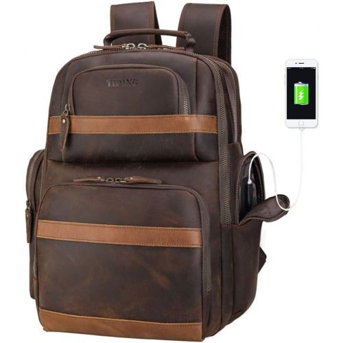  [아마존 핫딜] [아마존핫딜]TIDING Tiding Leather Backpack 15.6 inch Laptop Backpack Vintage Business Travel Bag Large Capacity School Daypacks with USB Charging Port & YKK Zippers