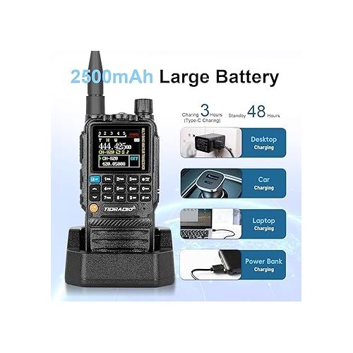  TIDRADIO TD-H3 GMRS Radio,Type C & Wireless Programming(4Pcs Batteries)，8-Band Long Range Walkie Talkies Rechargeable Handheld Full-Featured 2 Way Radios- Black, Full Kit 2Pack