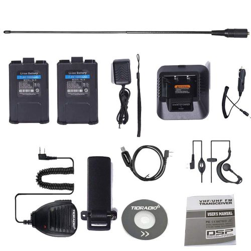  Walkie Talkie UV-5R Dual Band Two Way (Ham) Radio with one More 1800mAh Battery Car Charge Hand Mic and TIDRADIO NA-771 Antenna