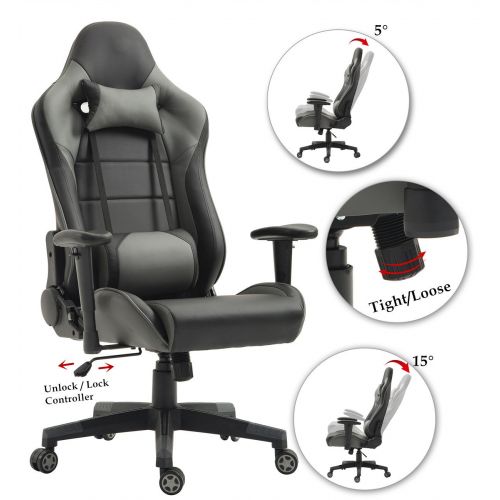  TIGO Gaming Chair Ergonomic Racing Chair PU Leather High-Back PC Computer Chair Adjustable Height Professional E-Sports Chair with Headrest and Lumbar Pillows (BlackGrey)