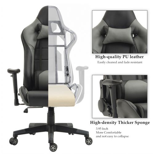  TIGO Gaming Chair Ergonomic Racing Chair PU Leather High-Back PC Computer Chair Adjustable Height Professional E-Sports Chair with Headrest and Lumbar Pillows (BlackGrey)