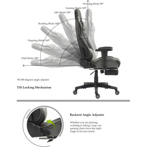  TIGO Ergonomic Gaming Chair Racing Office Chair Recliner Computer Chair Leather High-Back E-Sports Chair Height Adjustable Gaming Office Desk Chair with Massage Lumbar Support and Footr