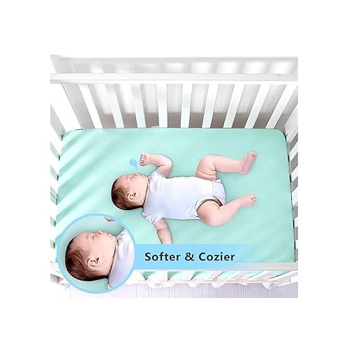  TILLYOU Mini Crib Fitted Sheets - Soft Knit Sheet for Pack N Play, Microfiber Mini Crib Sheets, Playpen Bedding Sheet for Baby 2 Pack, Machine Washable, 38'' x 24'', Light Green & Light Gray
