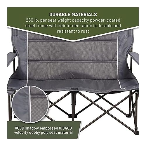  TIMBER RIDGE 2 Person Folding Loveseat Comfortable Double Foldable Camping Chair Folding Lawn chairs for Outside, Grey