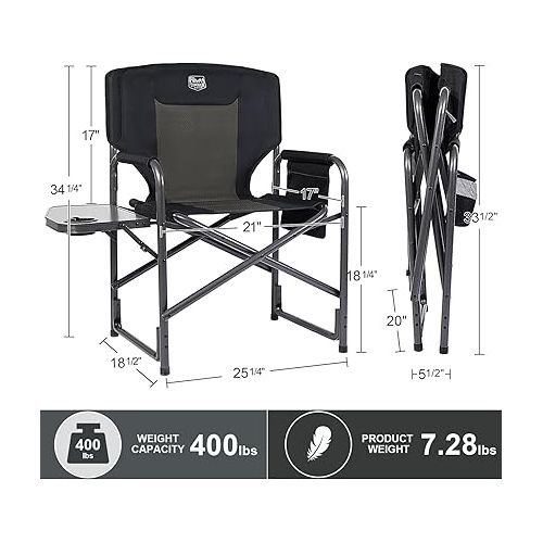  TIMBER RIDGE Lightweight Oversized Camping Chair, Portable Aluminum Directors Chair with Side Table for Outdoor Camping, Lawn, Picnic and Fishing, Supports 400lbs (Black) Ideal Gift