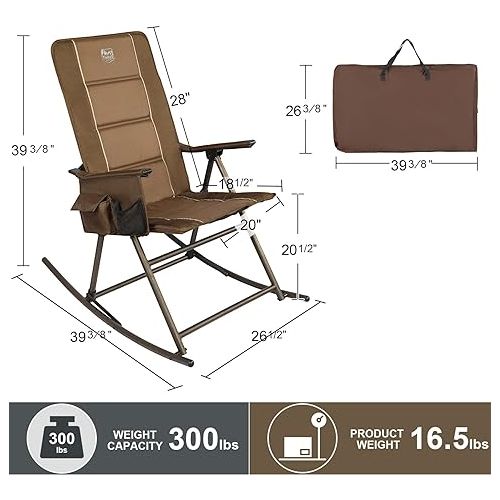  TIMBER RIDGE Padded High Back Outdoor Rocking Side Pocket Portable Rocker Lawn Chairs for Adults, Heavy Duty Supports 300 LBS, Brown