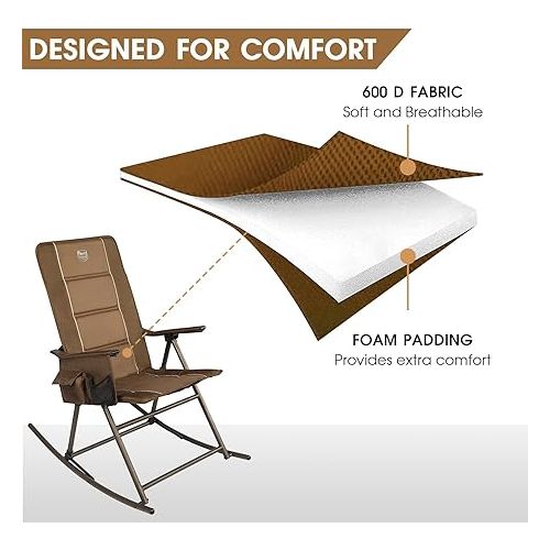 TIMBER RIDGE Padded High Back Outdoor Rocking Side Pocket Portable Rocker Lawn Chairs for Adults, Heavy Duty Supports 300 LBS, Brown