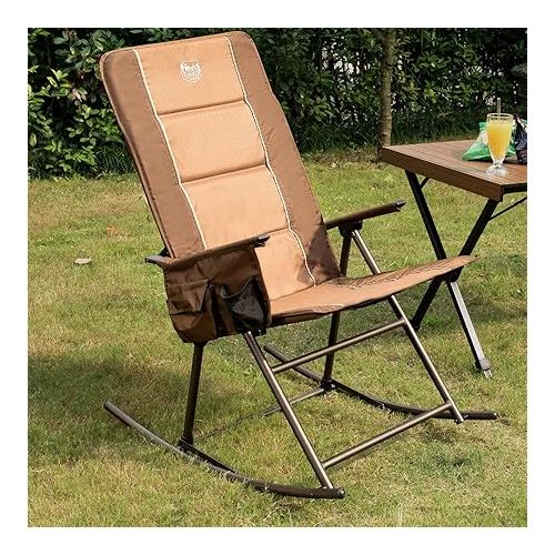  TIMBER RIDGE Padded High Back Outdoor Rocking Side Pocket Portable Rocker Lawn Chairs for Adults, Heavy Duty Supports 300 LBS, Brown