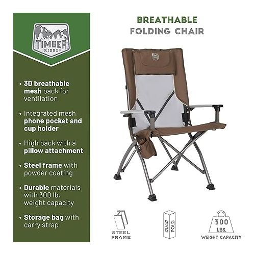  TIMBER RIDGE Aluminum Collapsible High Back Chair with Organizer Cup Holder Headrest Heavy Duty 300 lbs for Adults, Ideal for Outdoor Beach Fishing Lawn, Brown