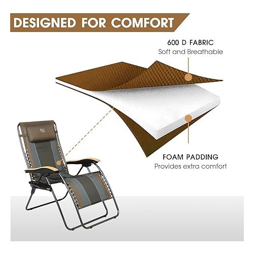  TIMBER RIDGE Outdoor Reclining Patio Padded with Adjustable Headrest and Cup Holder Foldable Zero Gravity Lawn Chair XL for Adults, Support up to 350 LBS, Brown,1 Count