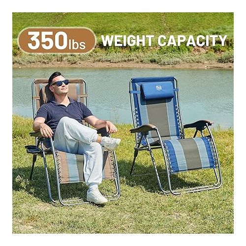  TIMBER RIDGE Outdoor Reclining Patio Padded with Adjustable Headrest and Cup Holder Foldable Zero Gravity Lawn Chair XL for Adults, Support up to 350 LBS, Brown,1 Count