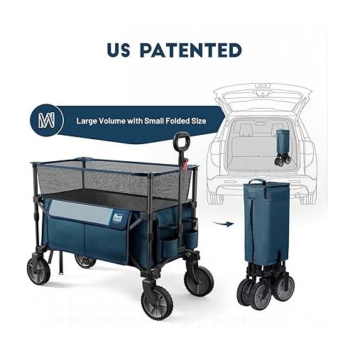  TIMBER RIDGE Collapsible Outdoor Folding Wagon Cart Heavy Duty Camping Patio Shopping Garden Cart with Side Bag Cup Holder Blue Extra Large
