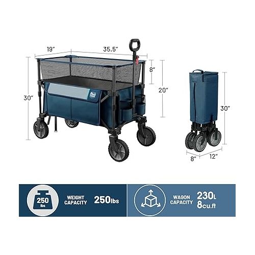 TIMBER RIDGE Collapsible Outdoor Folding Wagon Cart Heavy Duty Camping Patio Shopping Garden Cart with Side Bag Cup Holder Blue Extra Large
