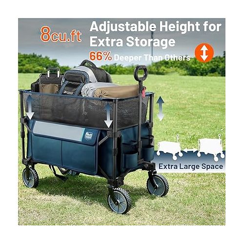  TIMBER RIDGE Collapsible Outdoor Folding Wagon Cart Heavy Duty Camping Patio Shopping Garden Cart with Side Bag Cup Holder Blue Extra Large