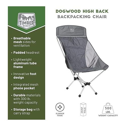  TIMBER RIDGE Lightweight Easy Set Up, High Back Portable Backpacking Chair, Folding Compact Camping Chair, with Carry Bag for Travel, Hiking, or Hunting, Supports 300lbs and weighs 2.65lbs.