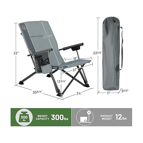  TIMBER RIDGE Folding Low Profile Camping Chair - High Back with 3 Position Adjustable Heavy Duty Beach Chair with 300 lbs Capacity - Carry Bag Cup Holder Grey