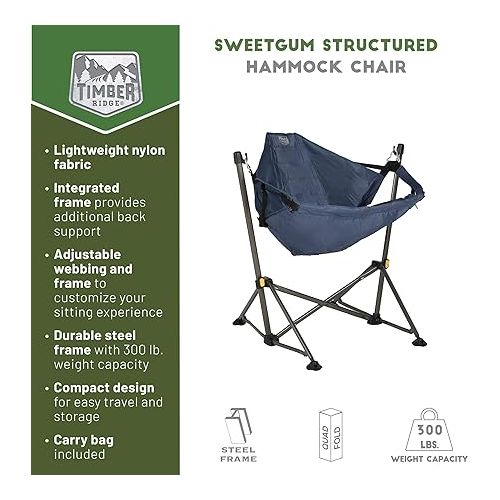  TIMBER RIDGE Portable Hammock Camping Chair, Padded Folding Swing Hammock Chair with Stand, Heavy Duty Hammock Camp Chair with Carry Bag for Outdoor Beach Fishing Trips Patio, Supports 300LBS, Blue