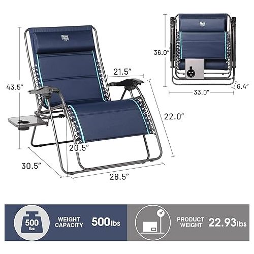  TIMBER RIDGE 33In Wide XXL Zero Gravity Reclining Side Table Full Padded Lounge Chair for Outdoor Camping Patio Lawn, Heavy Duty Supports 500lbs, Blue-1 Pack