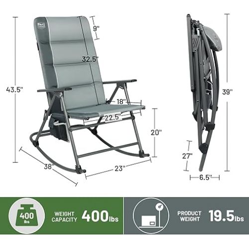  TIMBER RIDGE High Back Oversized Folding Rocking Camping Chair, Padded Outdoor Rocker, Portable Outdoor Chair for Patio, Garden, Lawn, Supports up to 400 lbs, Gray