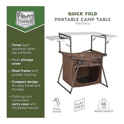  TIMBER RIDGE Outdoor Folding Kitchen Lightweight Portable Aluminum Storage and Carry Bag Camp Cook Station, Foldable Grill Table for BBQ, Picnic, Backyard, Brown