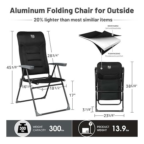  TIMBER RIDGE Adjustable Folding Patio High Back for Adults Lightweight Aluminum Padded Lawn Chair for Outside, Heavy Duty Supports 300 LBS, Black