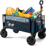 TIMBER RIDGE Outdoor Collapsible Wagon Utility Folding Cart Heavy Duty All Terrain Wheels for Shopping Camping Garden with Side Bag and Cup Holders,Navy