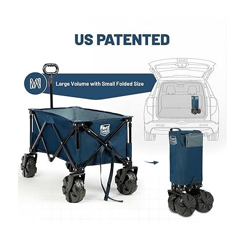  TIMBER RIDGE Outdoor Collapsible Wagon Utility Folding Cart Heavy Duty All Terrain Wheels for Shopping Camping Garden with Side Bag and Cup Holders,Navy