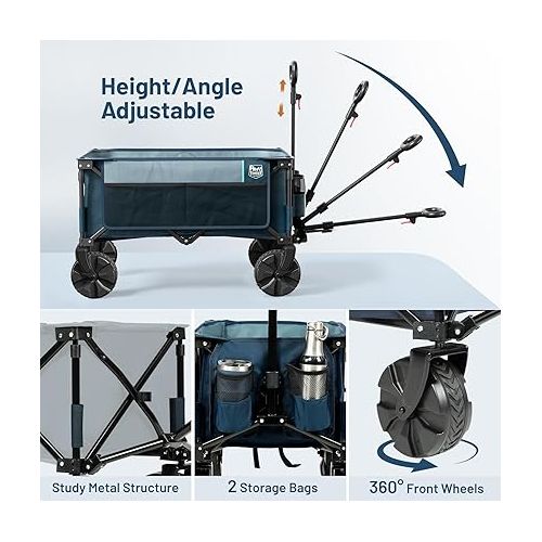  TIMBER RIDGE Outdoor Collapsible Wagon Utility Folding Cart Heavy Duty All Terrain Wheels for Shopping Camping Garden with Side Bag and Cup Holders,Navy