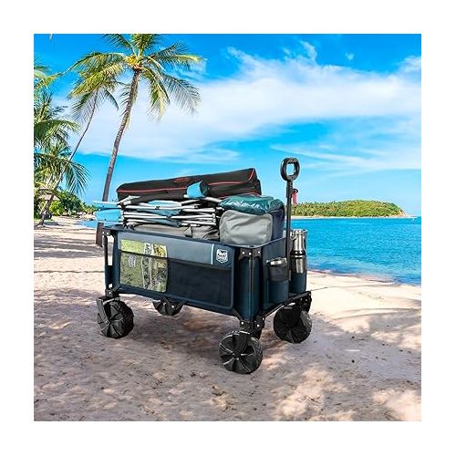  TIMBER RIDGE Outdoor Collapsible Wagon Utility Folding Cart Heavy Duty All Terrain Wheels for Shopping Camping Garden with Side Bag and Cup Holders,Navy