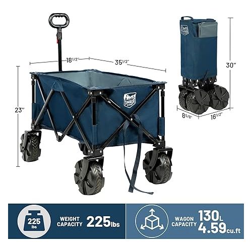  TIMBER RIDGE Collapsible Folding Wagon, Heavy Duty Utility Beach Cart with Big All-Terrain Wheels for Shopping Camping Garden with Side Bag and Cup Holders,Navy