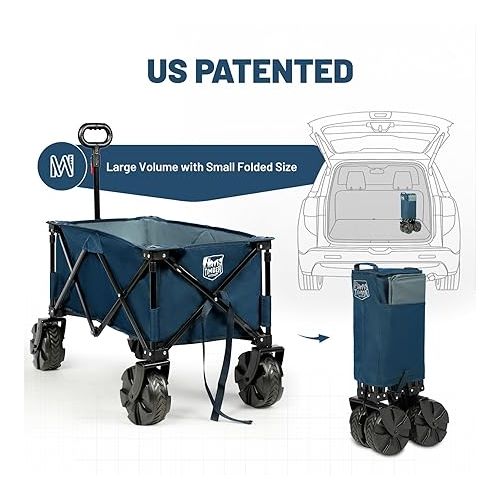  TIMBER RIDGE Collapsible Folding Wagon, Heavy Duty Utility Beach Cart with Big All-Terrain Wheels for Shopping Camping Garden with Side Bag and Cup Holders,Navy