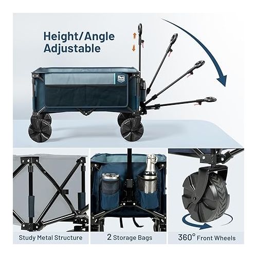  TIMBER RIDGE Collapsible Folding Wagon, Heavy Duty Utility Beach Cart with Big All-Terrain Wheels for Shopping Camping Garden with Side Bag and Cup Holders,Navy