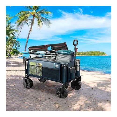  TIMBER RIDGE Collapsible Folding Wagon, Heavy Duty Utility Beach Cart with Big All-Terrain Wheels for Shopping Camping Garden with Side Bag and Cup Holders,Navy