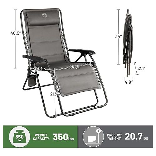  Timber Ridge Balsam Deluxe Zero Gravity Lounger Oversize Outdoor Recliner Chair, Grey