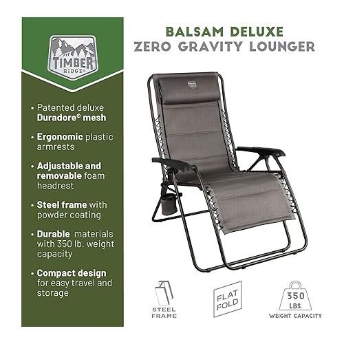  Timber Ridge Balsam Deluxe Zero Gravity Lounger Oversize Outdoor Recliner Chair, Grey