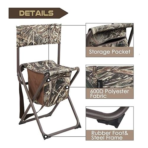  PORTAL Folding Seat, Lightweight Backrest Stool Hunting Fishing Chair with Storage Pocket for Camping, Hiking, Beach, Picnic, Support Up to 225 lbs, Camouflage