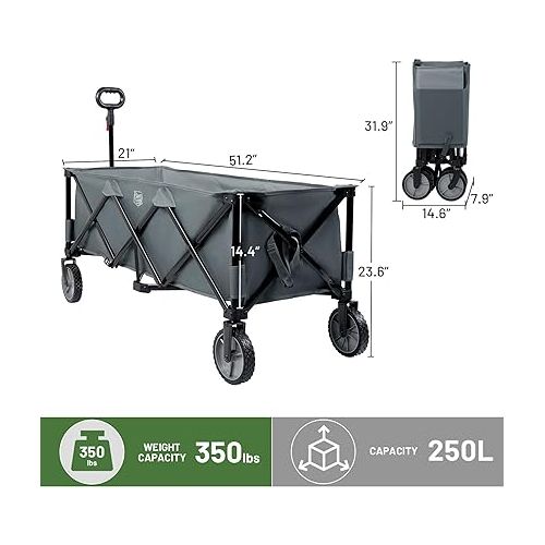  TIMBER RIDGE 51.2'' Extended Collapsible Wagon Cart with Cargo Net, 350LBS Heavy Duty Foldable Utility Wagon with Adjustable Handle, 250L Capacity Portable Cart for Camping Sports Shopping, Grey