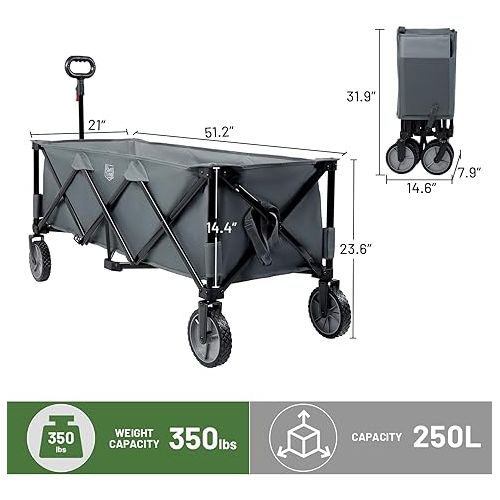  TIMBER RIDGE 51.2'' Extended Collapsible Wagon Cart with Cargo Net, 350LBS Heavy Duty Foldable Utility Wagon with Adjustable Handle, 250L Capacity Portable Cart for Camping Sports Shopping, Grey