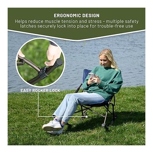  TIMBER RIDGE Folding Rocking Camping Chair with Hard Armrests, Portable Outdoor Rocker for Patio, Garden, Lawn, Supports up to 250 lbs, Blue