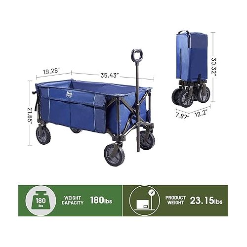  TIMBER RIDGE Tailgate Collapsible Folding Wagon Cart, Heavy Duty Utility Push Pull Beach Wagon Foldable, Outdoor Grocery Cart with Side Pockets for Camping, Garden, Shopping, Holds 180 lbs, Blue