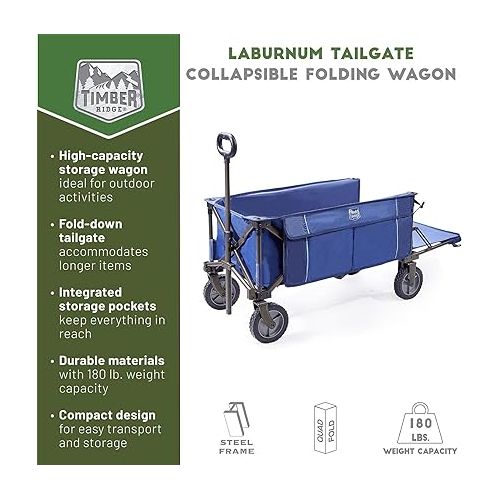  TIMBER RIDGE Tailgate Collapsible Folding Wagon Cart, Heavy Duty Utility Push Pull Beach Wagon Foldable, Outdoor Grocery Cart with Side Pockets for Camping, Garden, Shopping, Holds 180 lbs, Blue