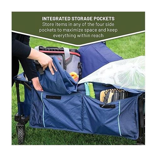  TIMBER RIDGE Tailgate Collapsible Folding Wagon Cart, Heavy Duty Utility Push Pull Beach Wagon Foldable, Outdoor Grocery Cart with Side Pockets for Camping, Garden, Shopping, Holds 180 lbs, Blue